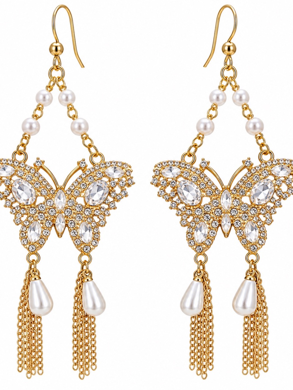 Fashion Jewelry Gold Butterfly Drop Earrings with Pearl Accents